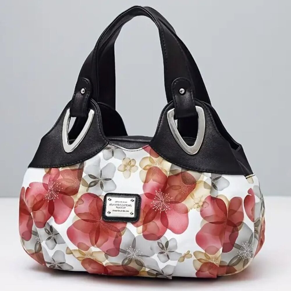 Floral Print Handbag Purse Black Faux Leather Trim Silver Hardware NWOT